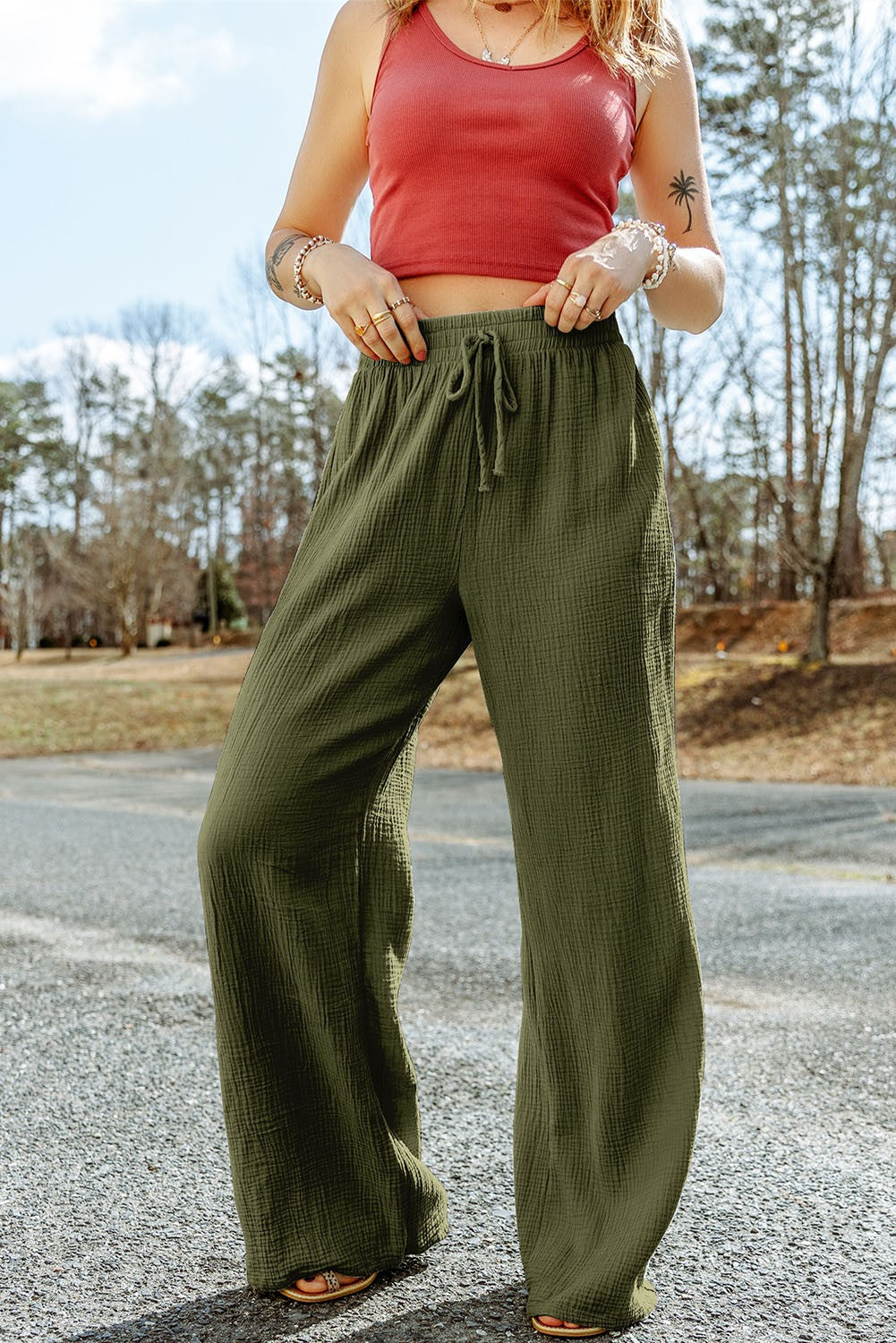 WIDE LEG PANTS WITH DRAWSTRING AND SIDE SLITS | mysite