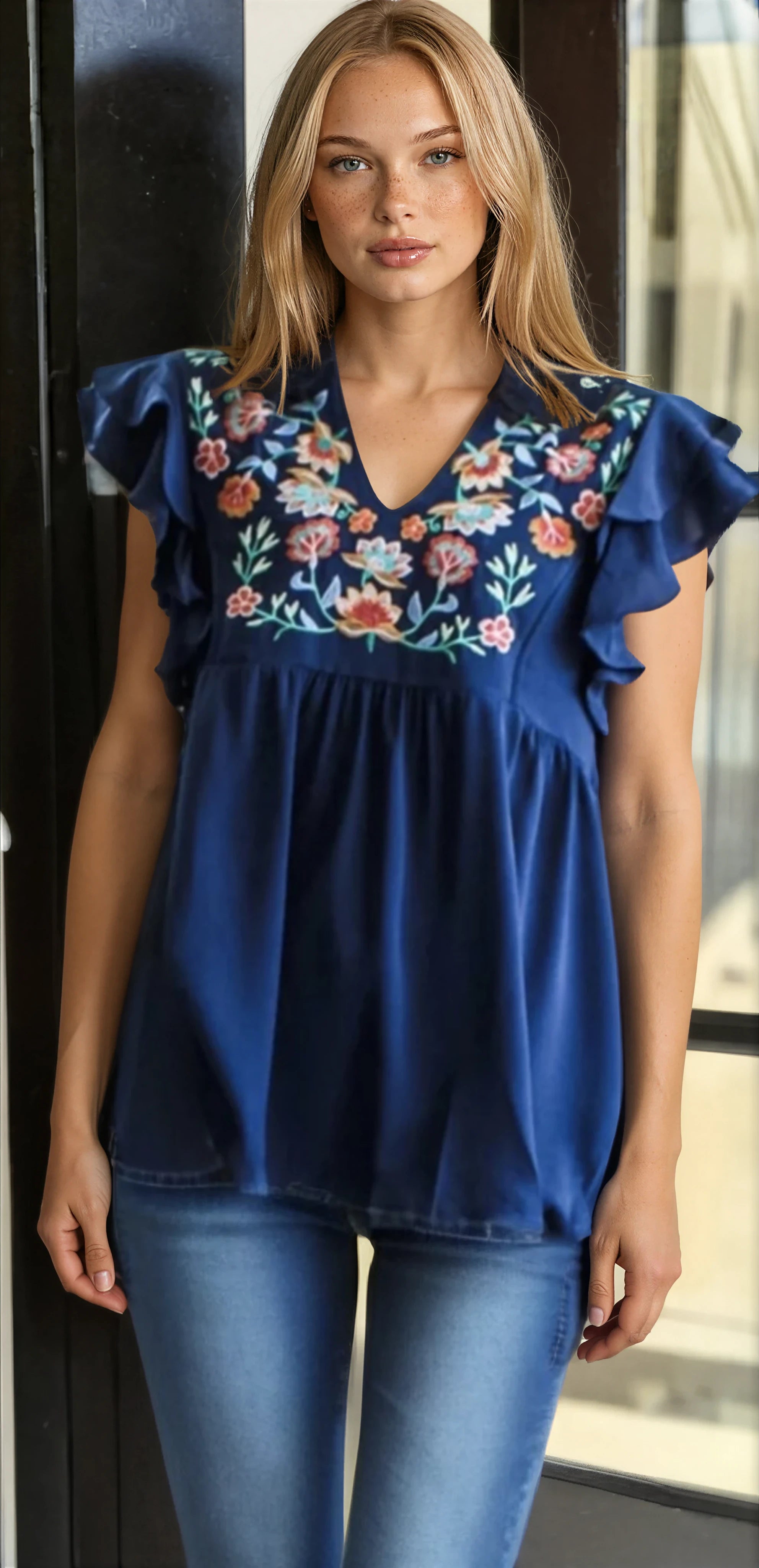 Agatha Navy Embroidered Ruffle Top – Jack & Monroe Boutique